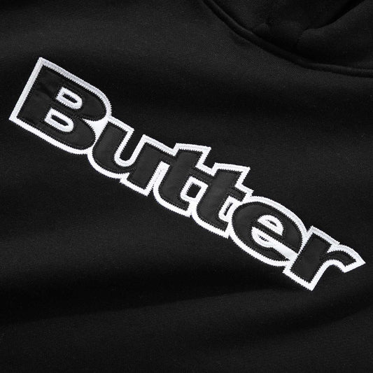 Satin Logo Applique Pullover Hood, Black